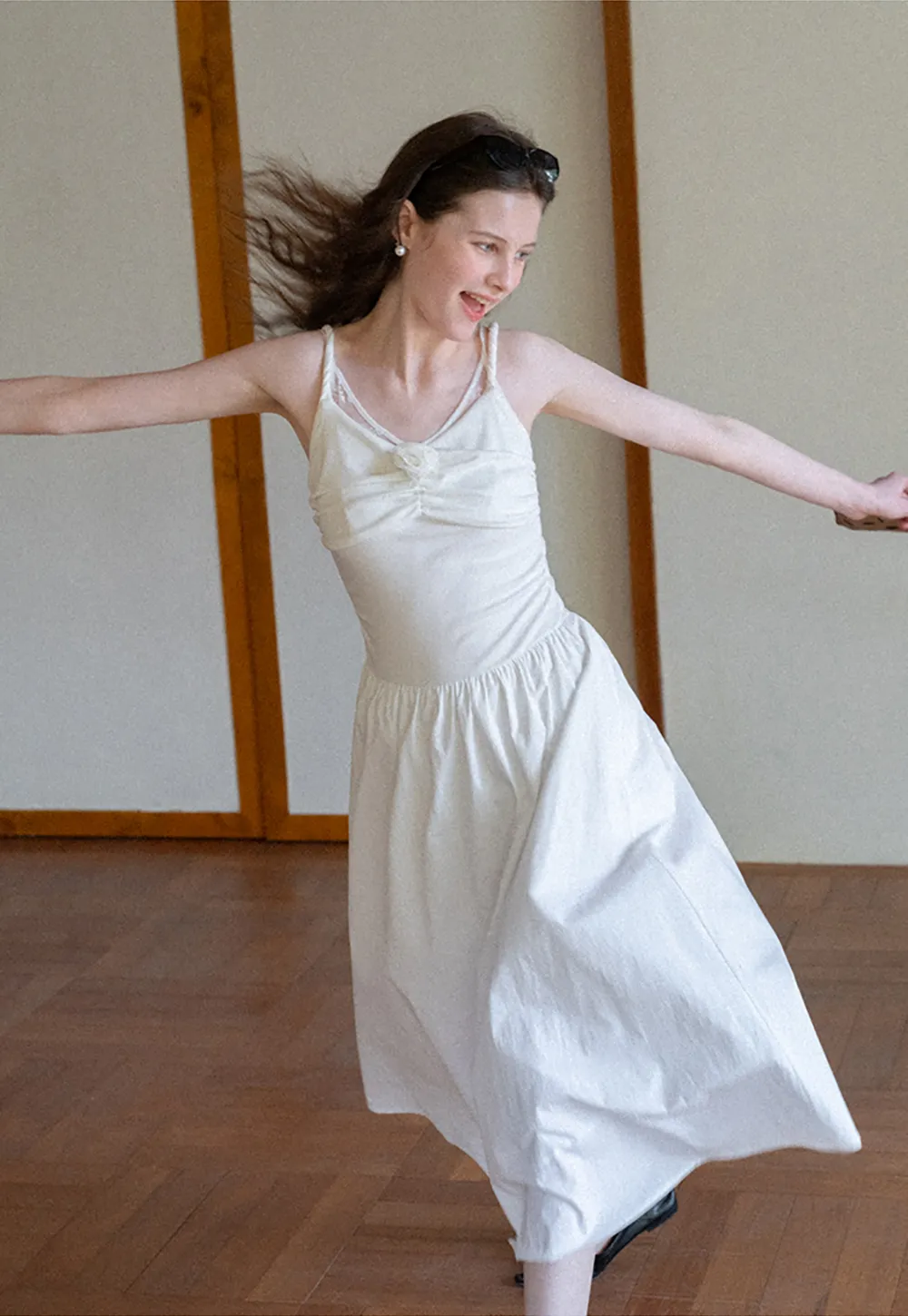 Sleeveless V Neck Midi Dress with Ruched Bodice