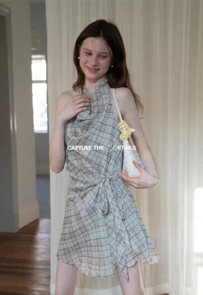 Plaid Halter Neck Wrap Dress with Side Tie