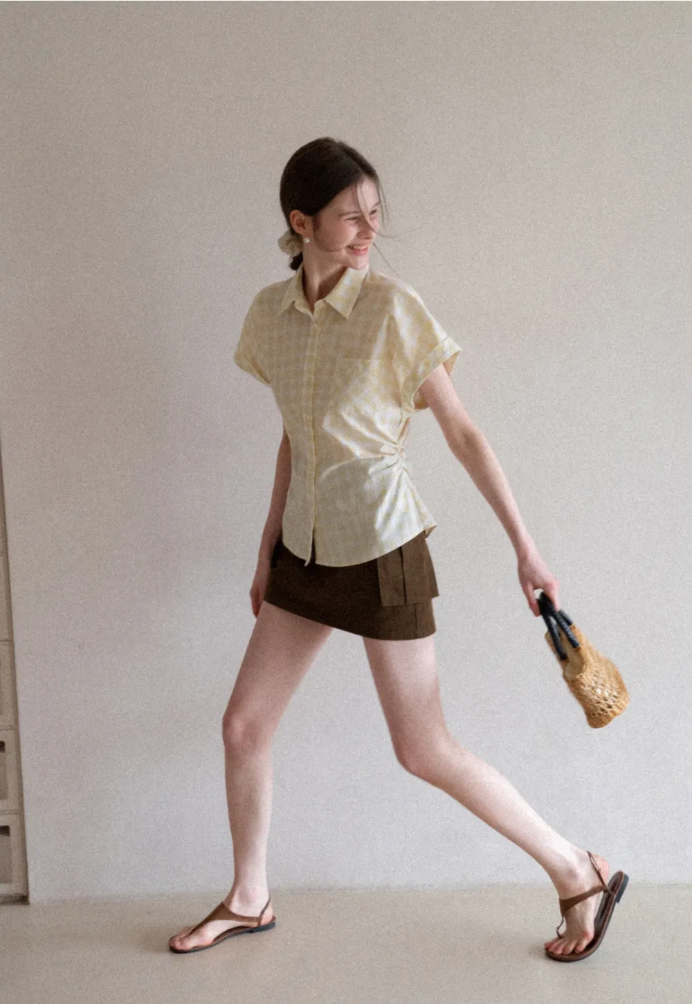 Checkered Shirt with Short Sleeves and Pleated Back