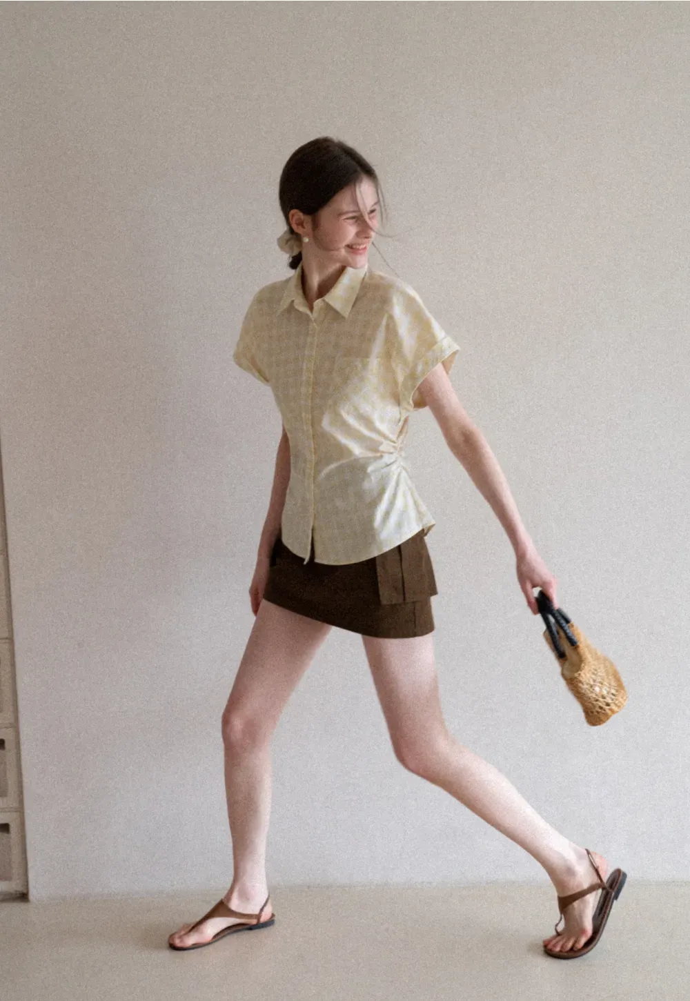 Checkered Shirt with Short Sleeves and Pleated Back