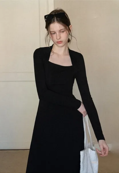 Elegant Square Neck Long Sleeve Dress