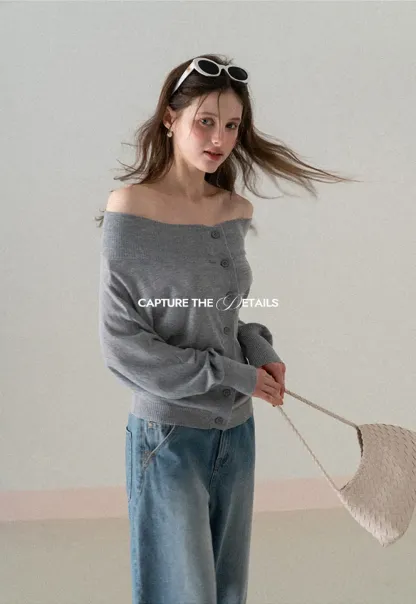 Off Shoulder Knit Cardigan with Button Front