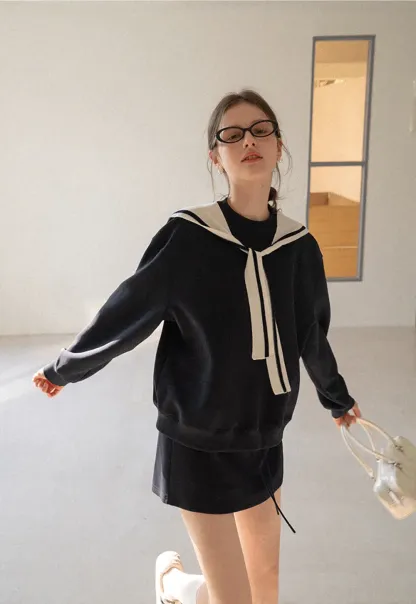 Sailor collar sweatshirt scarf shawl skirt set
