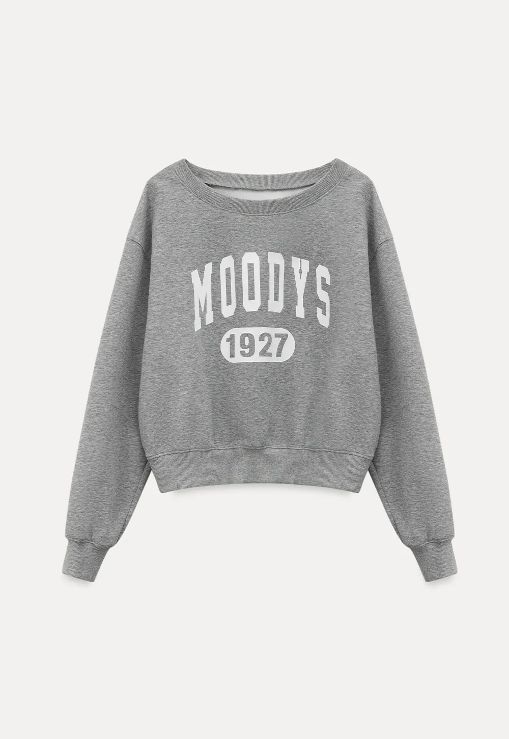 Gray Off Shoulder Sweatshirt with Bold Lettering and Year Print