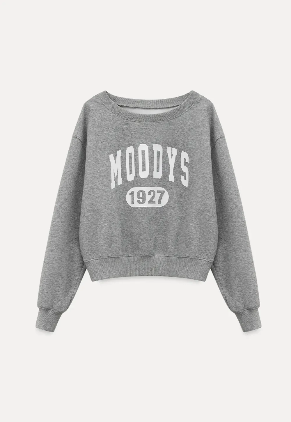 Gray Off Shoulder Sweatshirt with Bold Lettering and Year Print