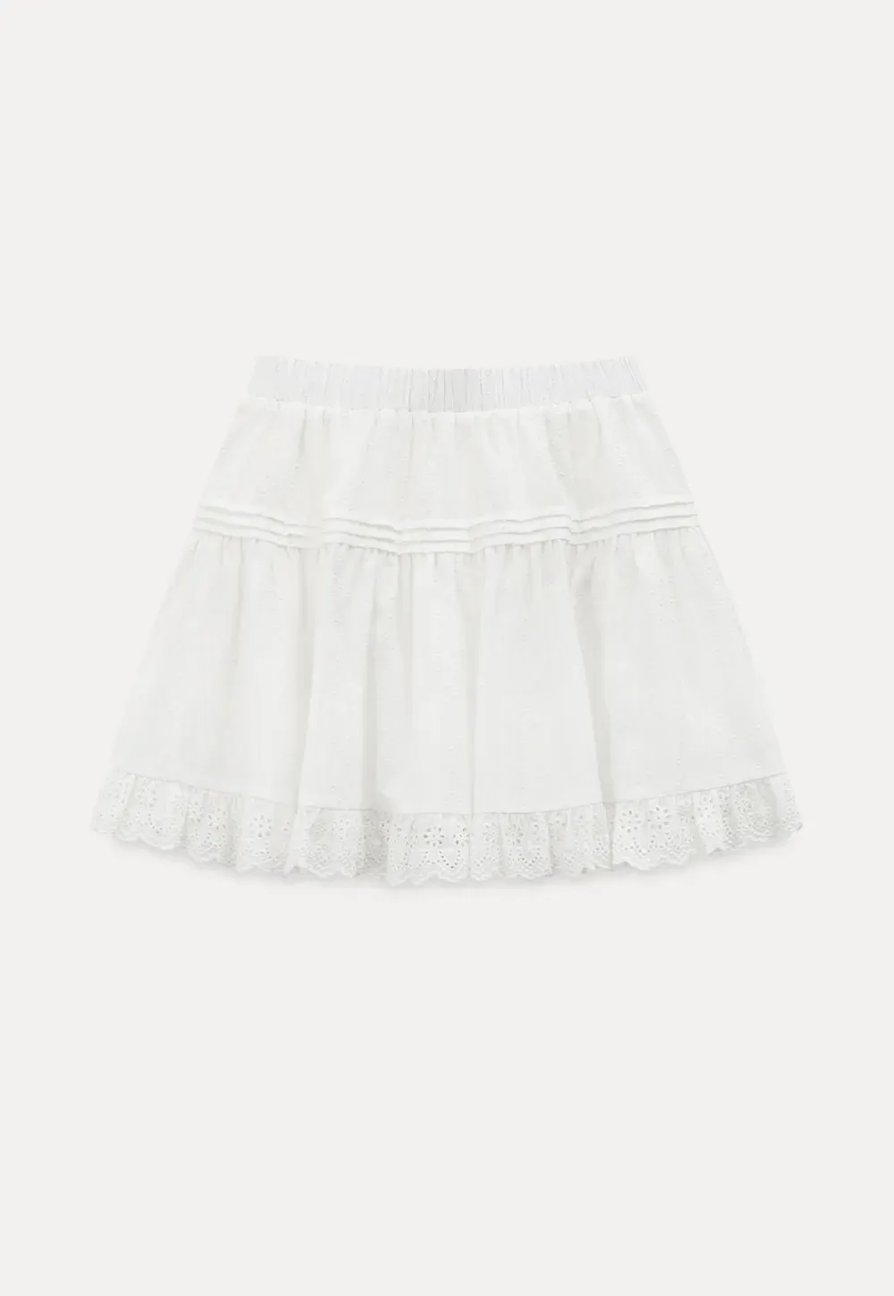 Eyelet Trimmed Tiered Skirt with Ruffled Hem