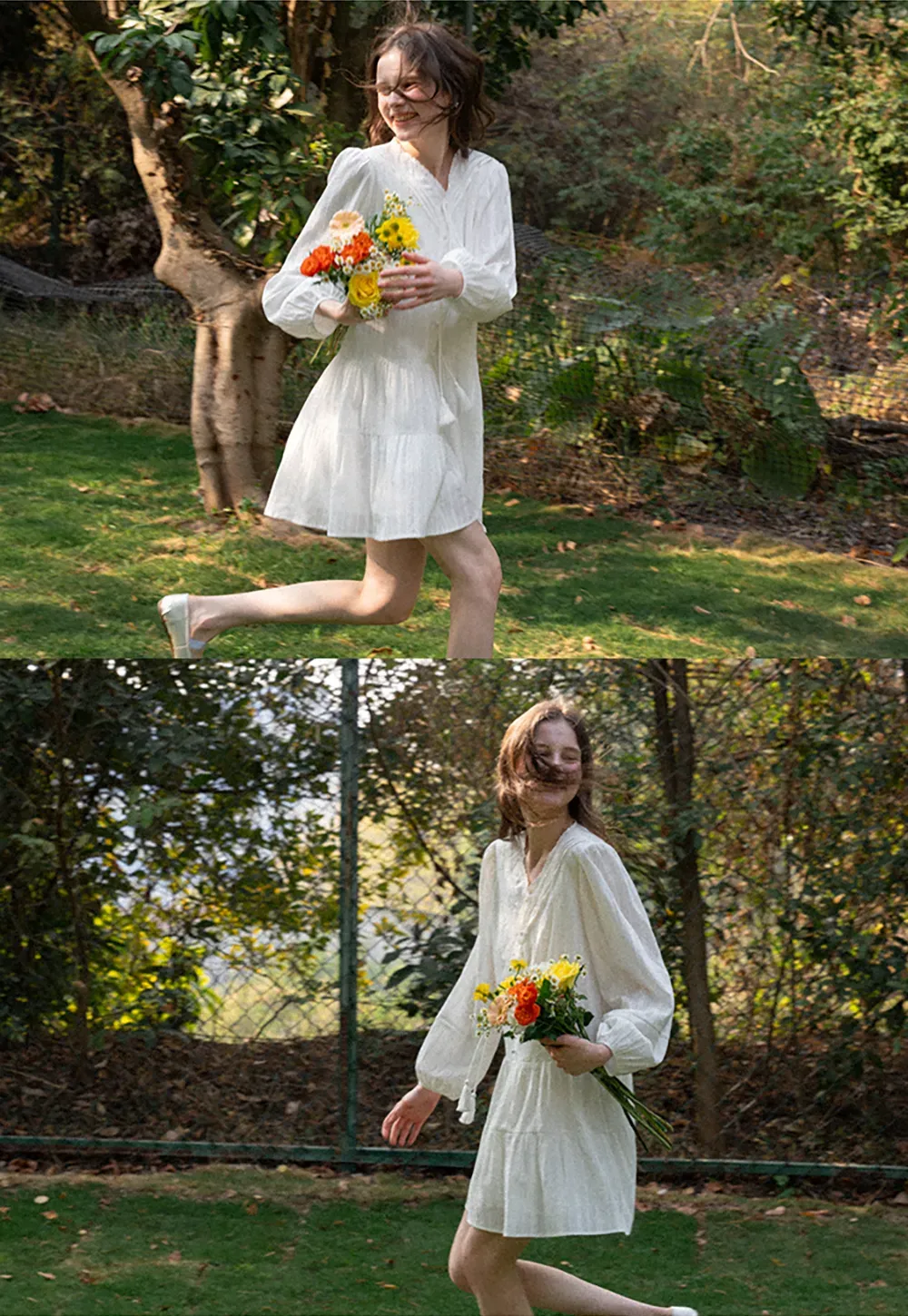 V neck long sleeve tiered dress with lace trim