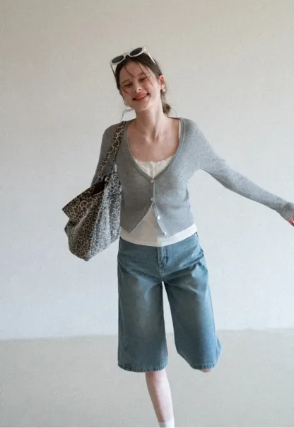 Wide Leg Denim Shorts with Belt and Back Pockets