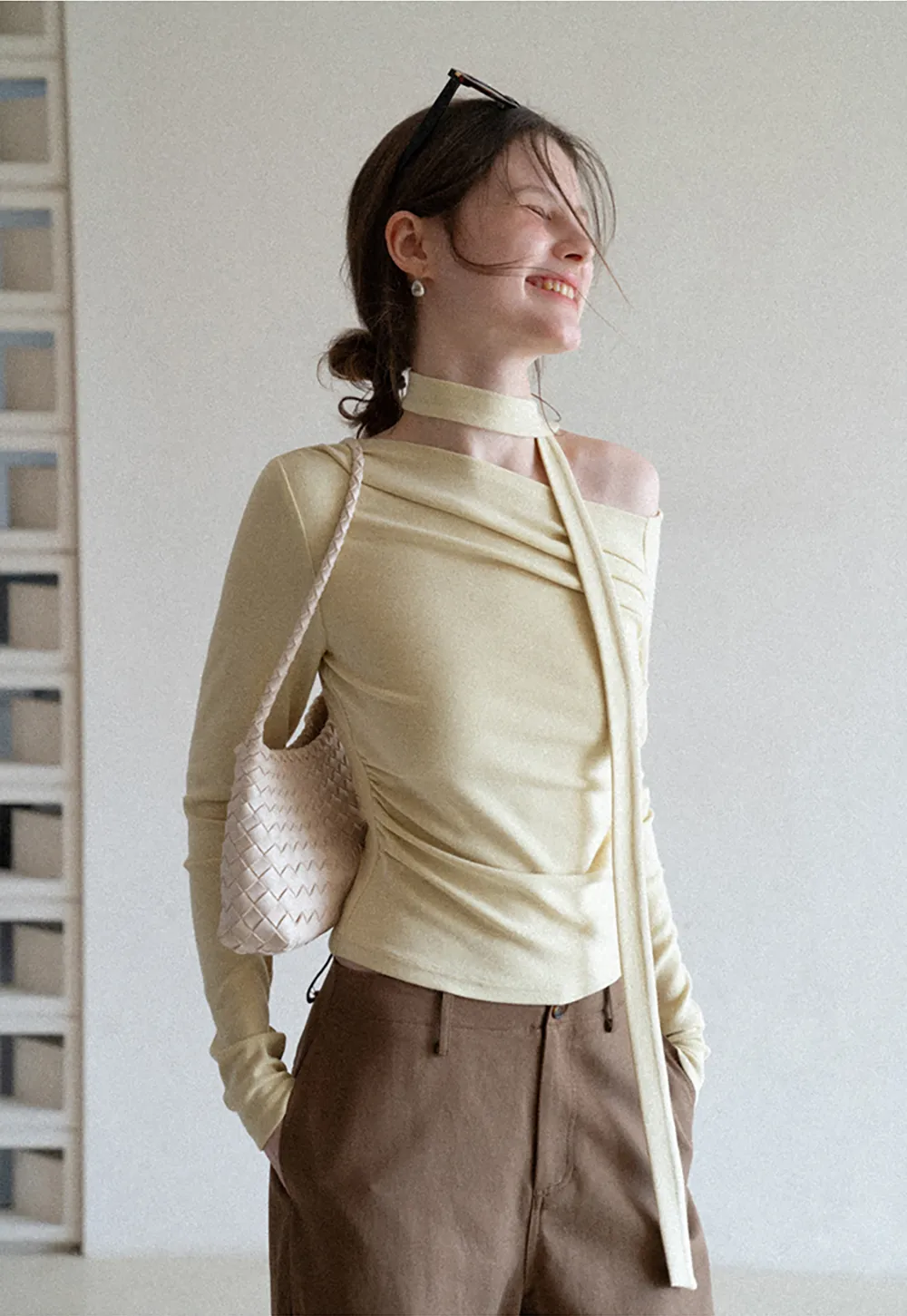 Long sleeve off shoulder top with neck tie detail