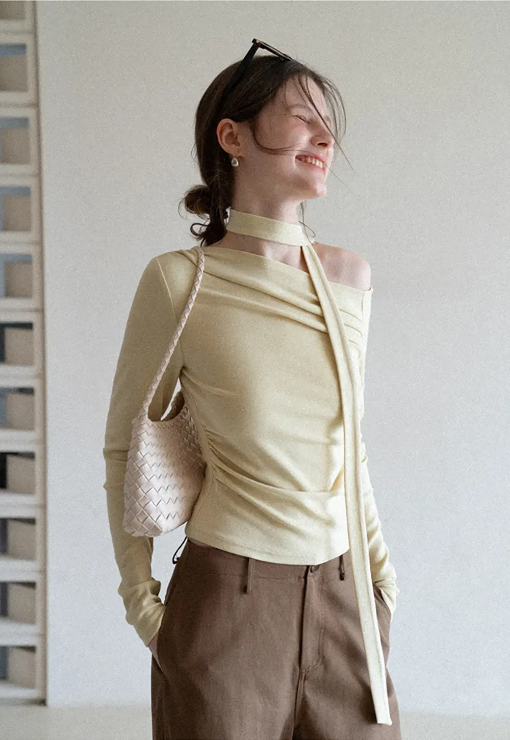 Long sleeve off shoulder top with neck tie detail