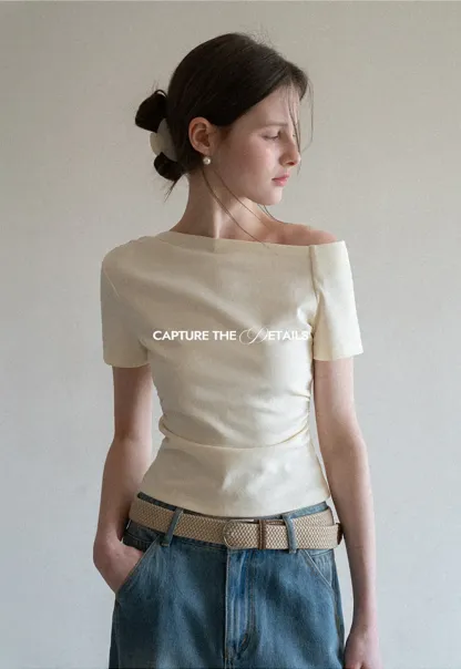 Off shoulder short sleeve fitted t shirt