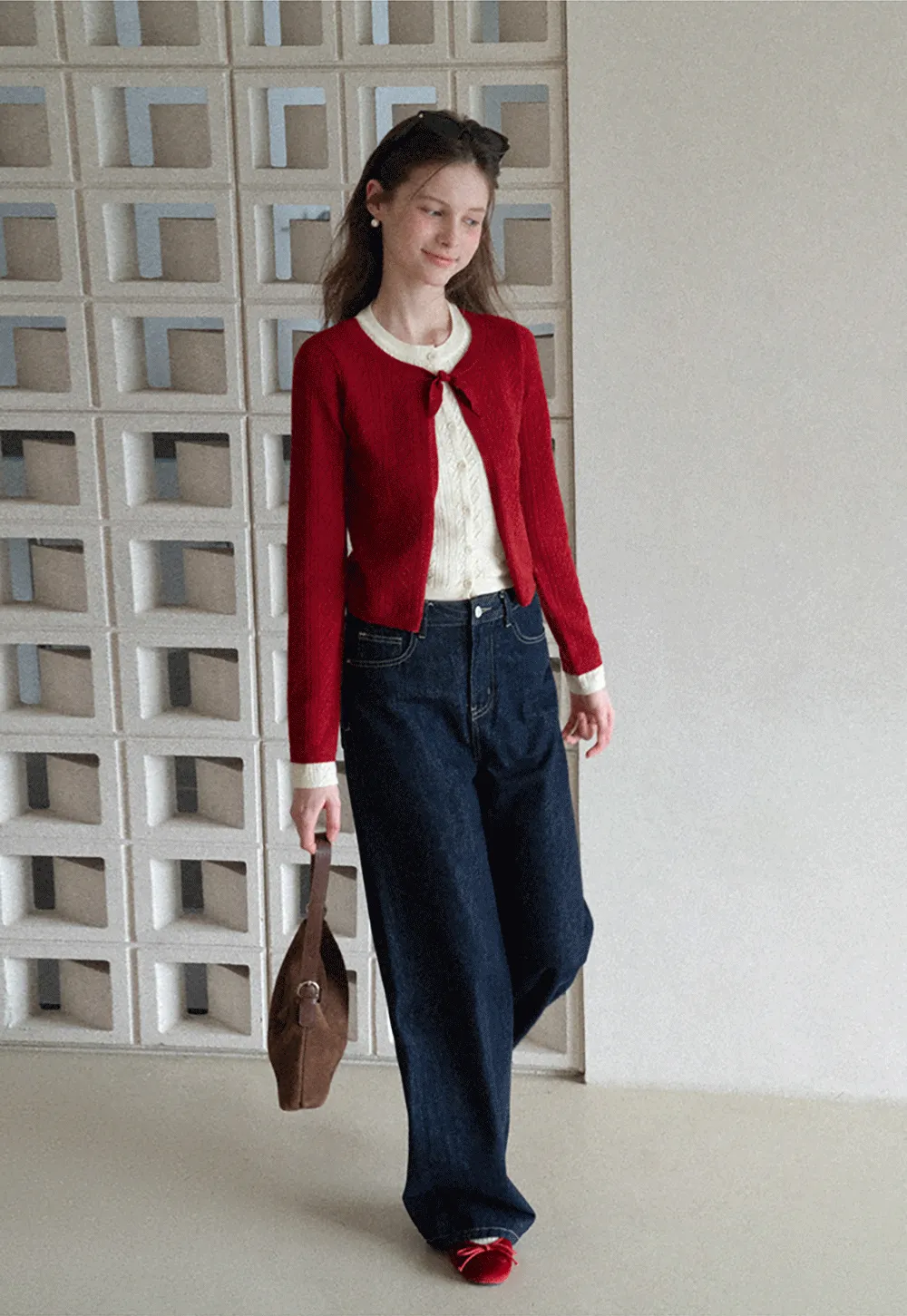 Elegant Knit Cardigan with Bow Detail and Ribbed Texture