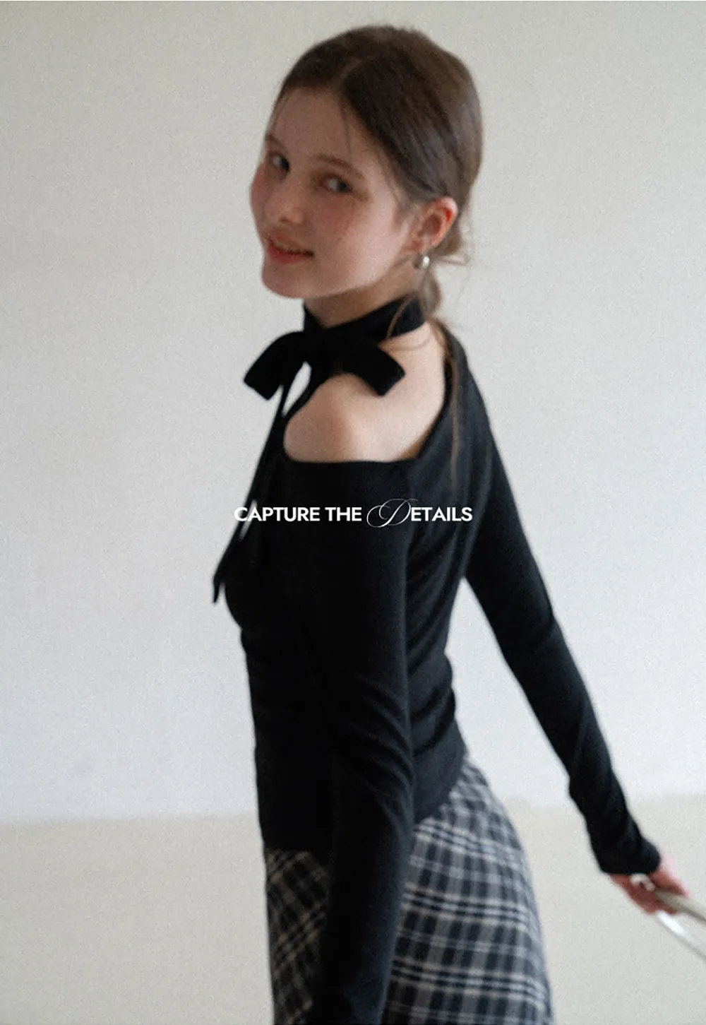 Long sleeve off shoulder top with neck tie detail