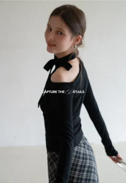 Long sleeve off shoulder top with neck tie detail