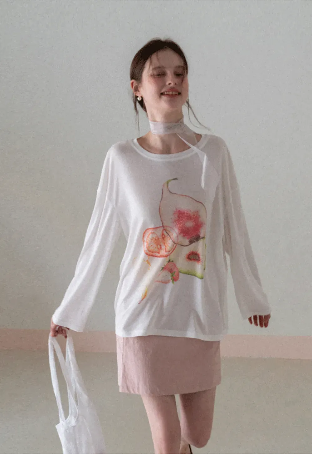 Oversized T shirt with fruit print and sheer neck detail