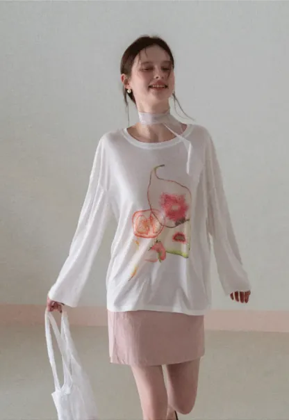 Oversized T shirt with fruit print and sheer neck detail