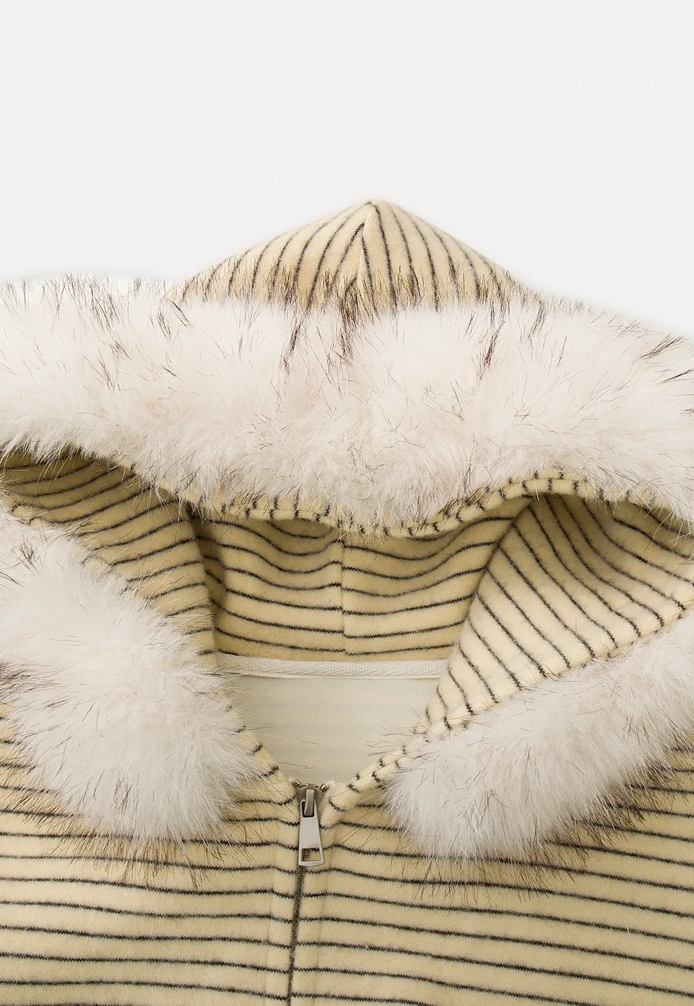 Women Striped Zip-Up Hoodie with Fur Collar