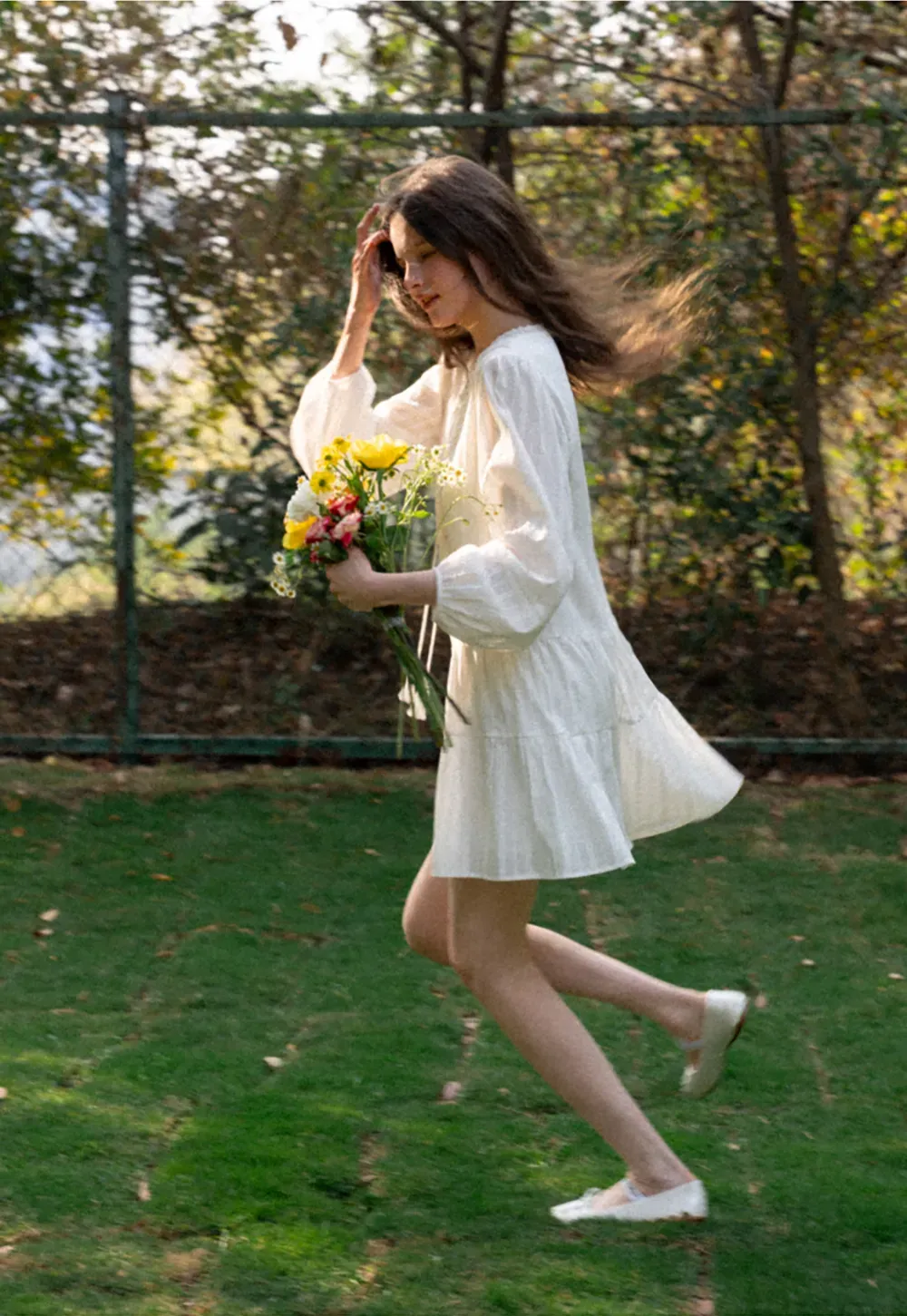 V neck long sleeve tiered dress with lace trim