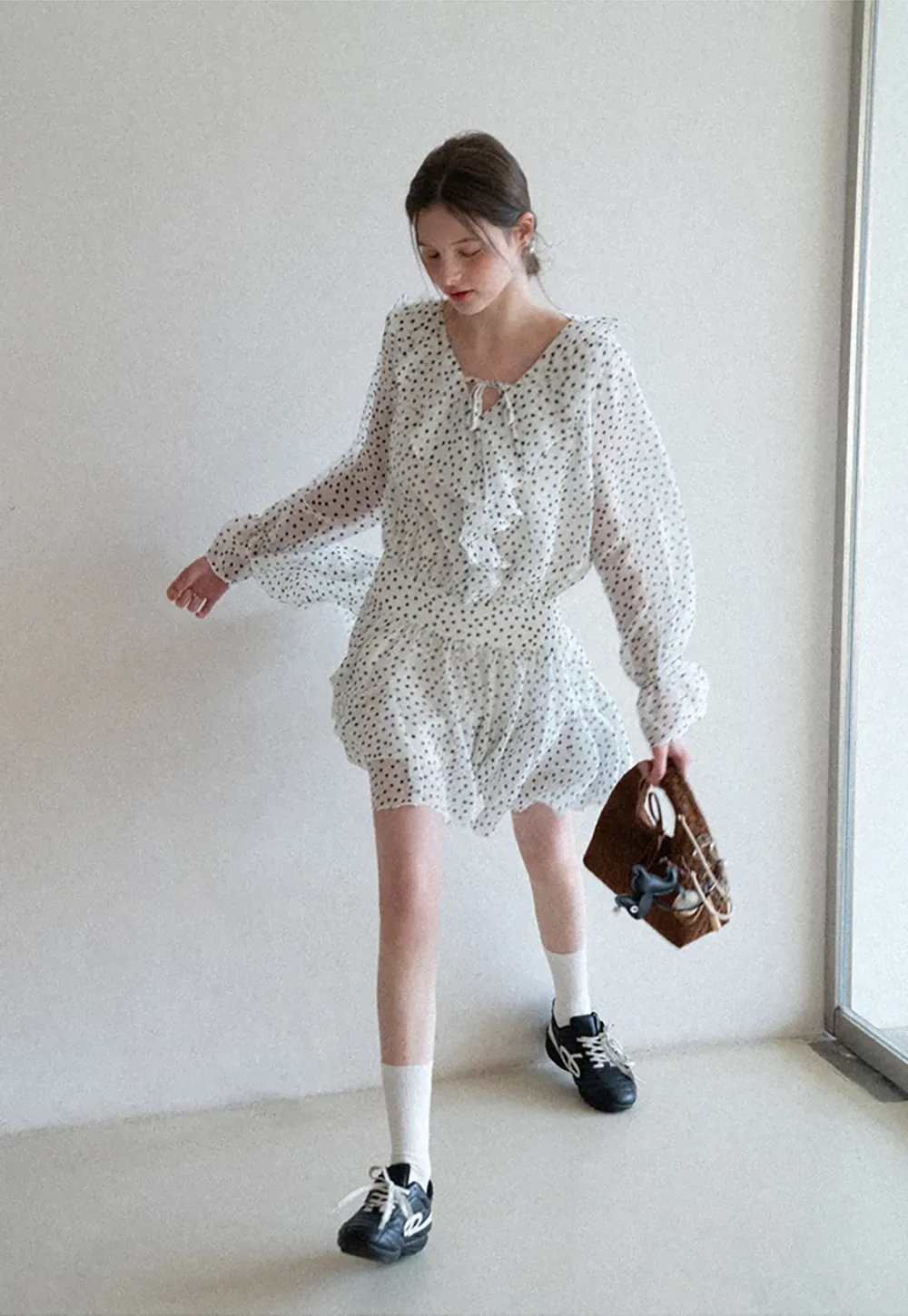 Polka Dot Ruffle Dress with V Neck and Long Sleeves