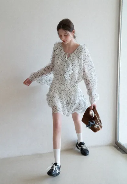 Polka Dot Ruffle Dress with V Neck and Long Sleeves