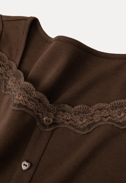 Short Sleeve Button Front Top with Lace Trim