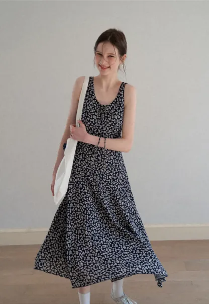 Floral Print Sleeveless Midi Dress with V Neck