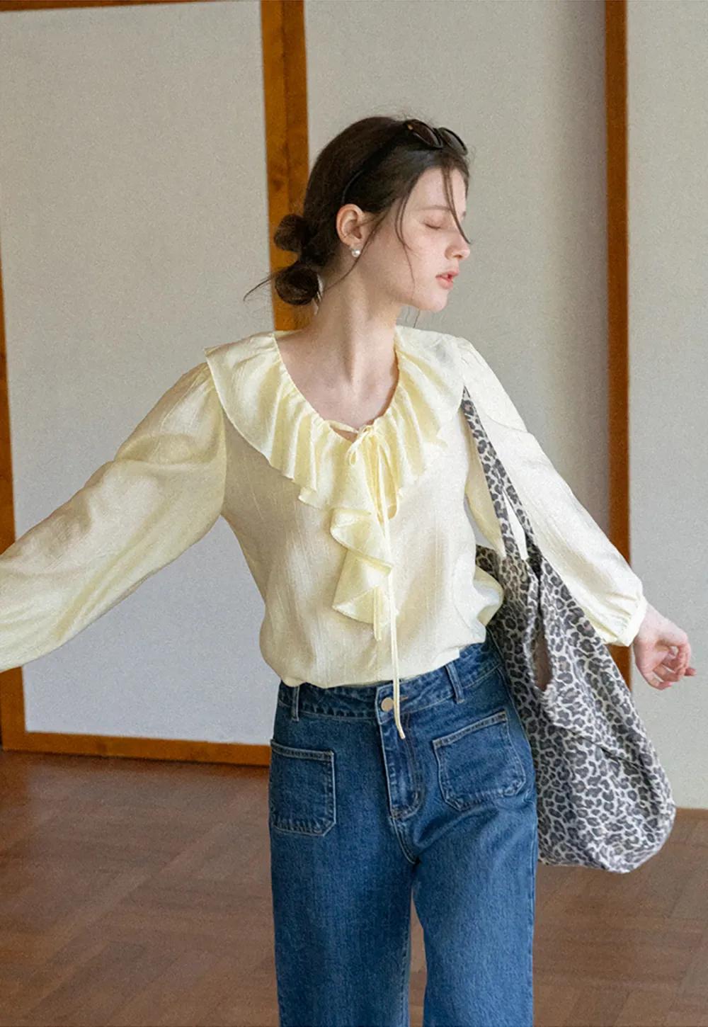 Ruffled Collar Long Sleeve Blouse with Tie Front