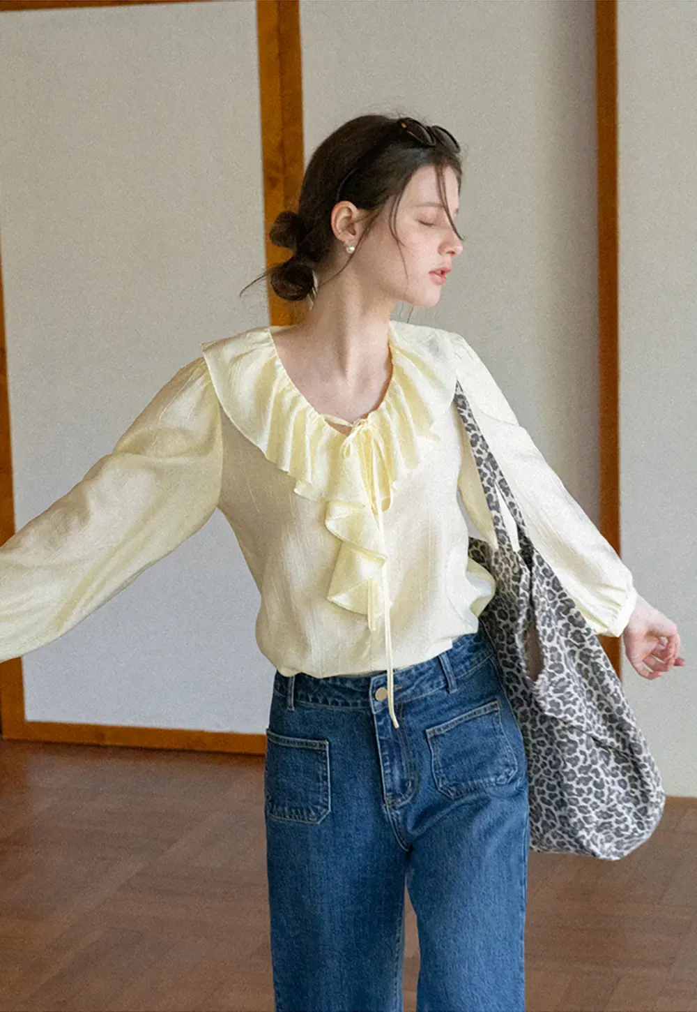 Ruffled Collar Long Sleeve Blouse with Tie Front