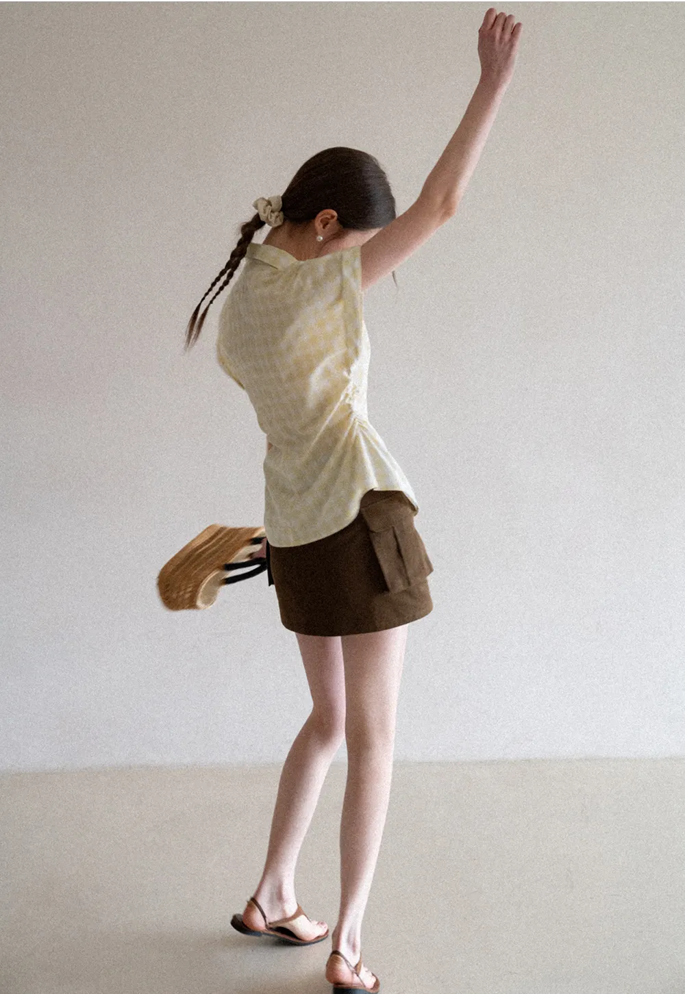 Checkered Shirt with Short Sleeves and Pleated Back