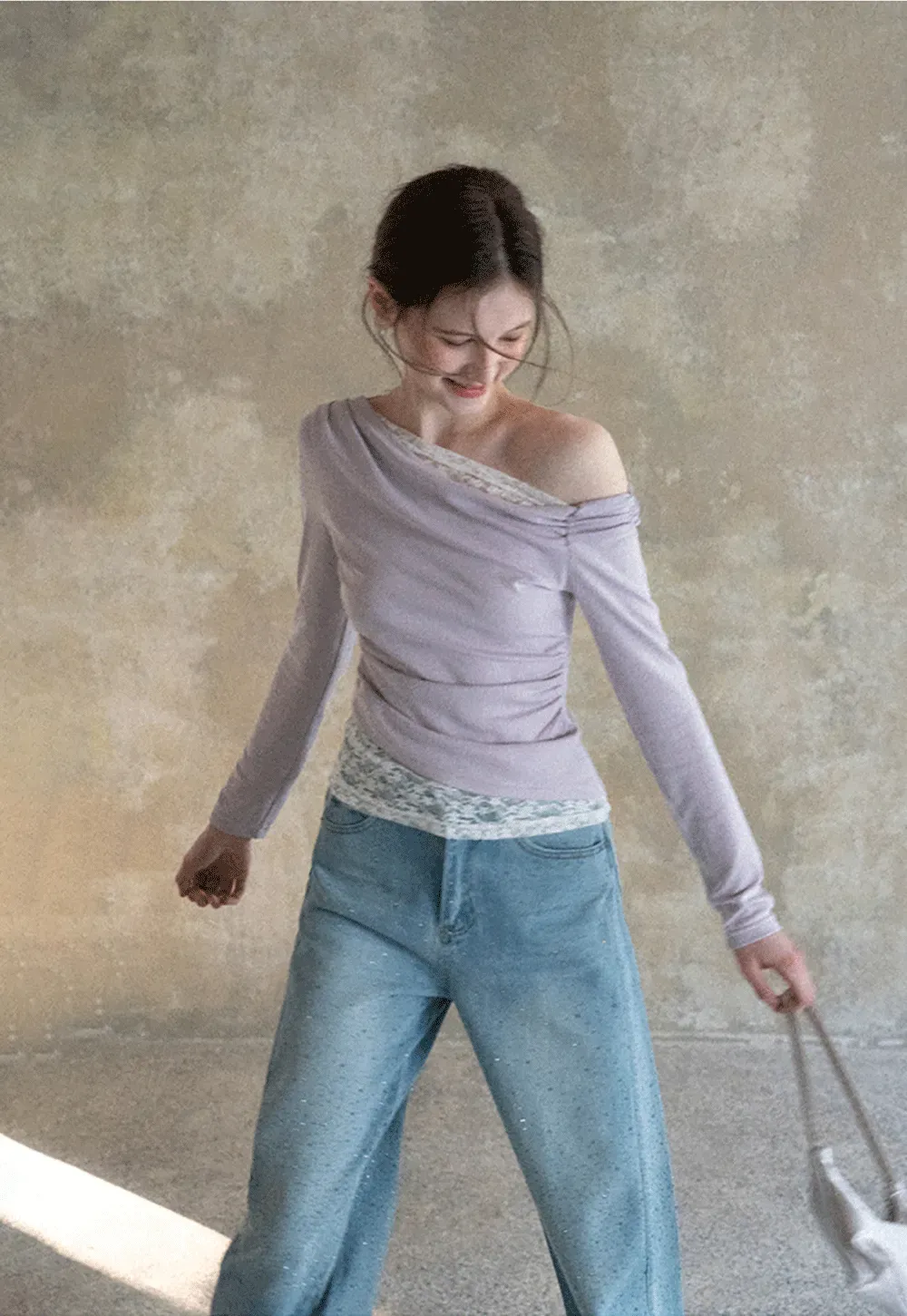 Off shoulder long sleeve top with lace trim