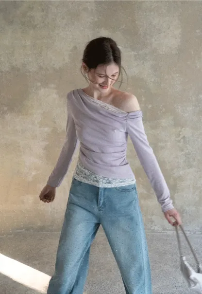 Off shoulder long sleeve top with lace trim