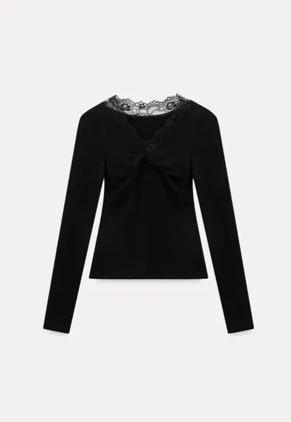 Elegant Black Lace-Trimmed Long Sleeve Top