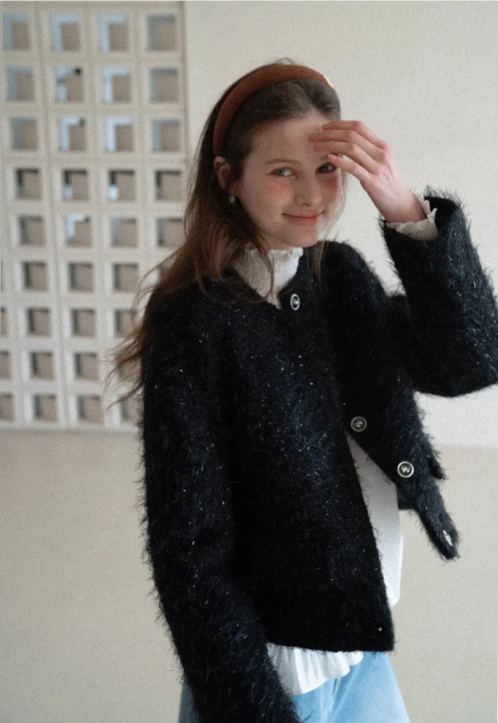 Fuzzy Knit Short Jacket with Button Detail