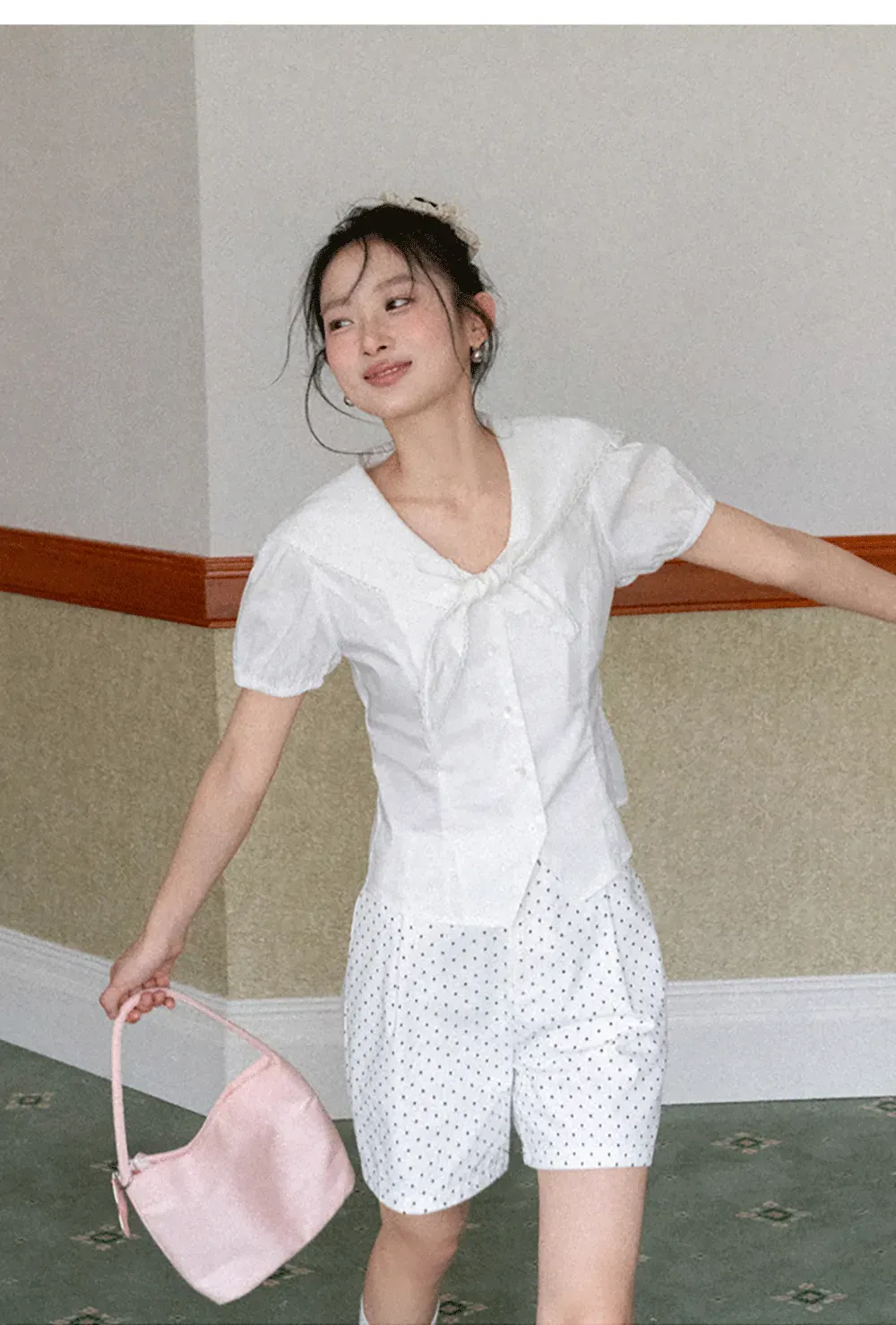 Short Sleeve Shirt with Collar and Bow Detail