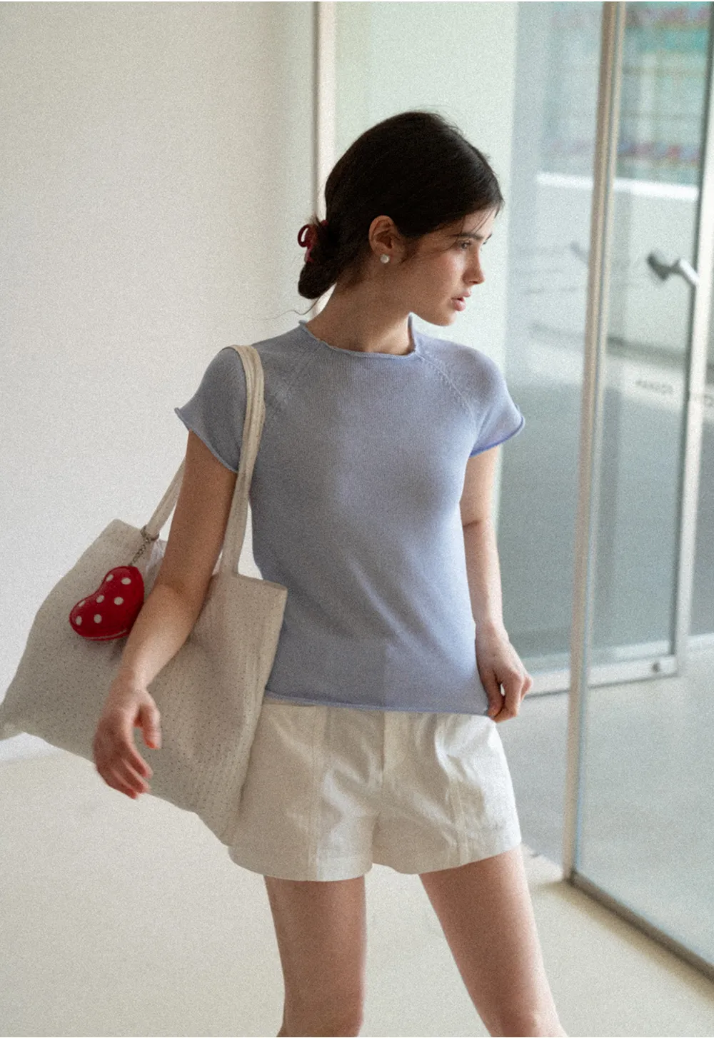 Short Sleeve Ribbed Knit Top with Raglan Sleeves