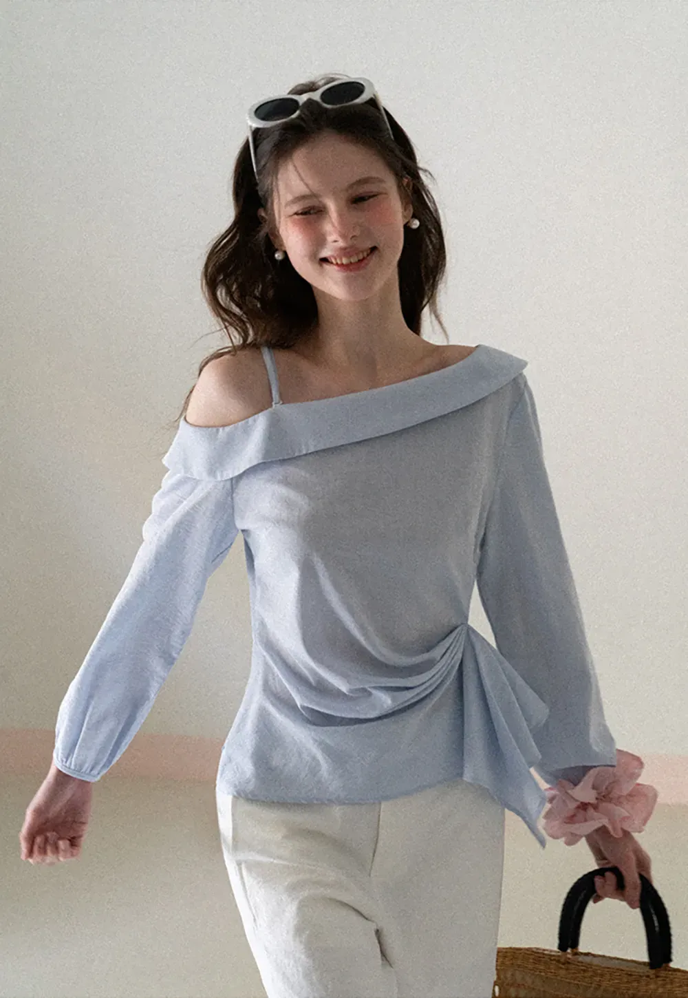 Off Shoulder Shirt with Ruched Sleeve Detail