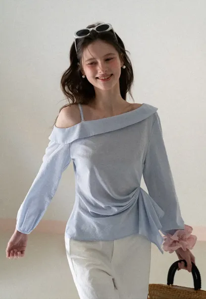 Off Shoulder Shirt with Ruched Sleeve Detail