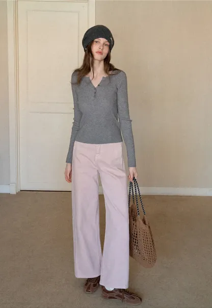 Elegant Henley Knit Top with Button Detail