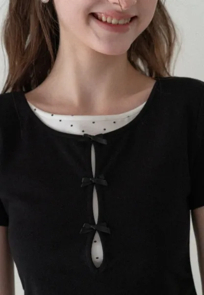 Short Sleeve Dress with Polka Dot Collar and Front Knot Detail