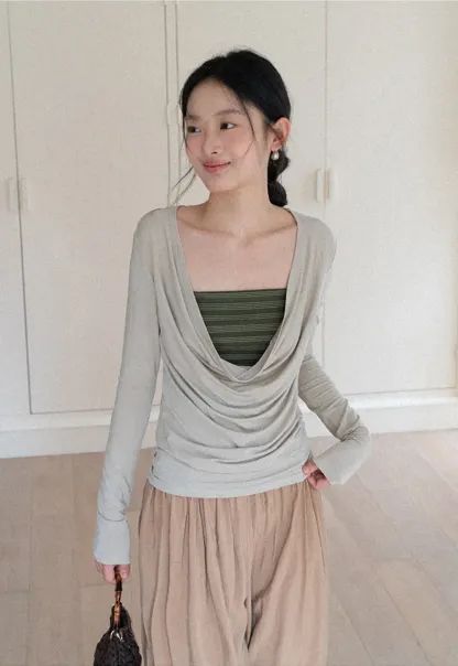 Long sleeve draped neckline top with square cutout