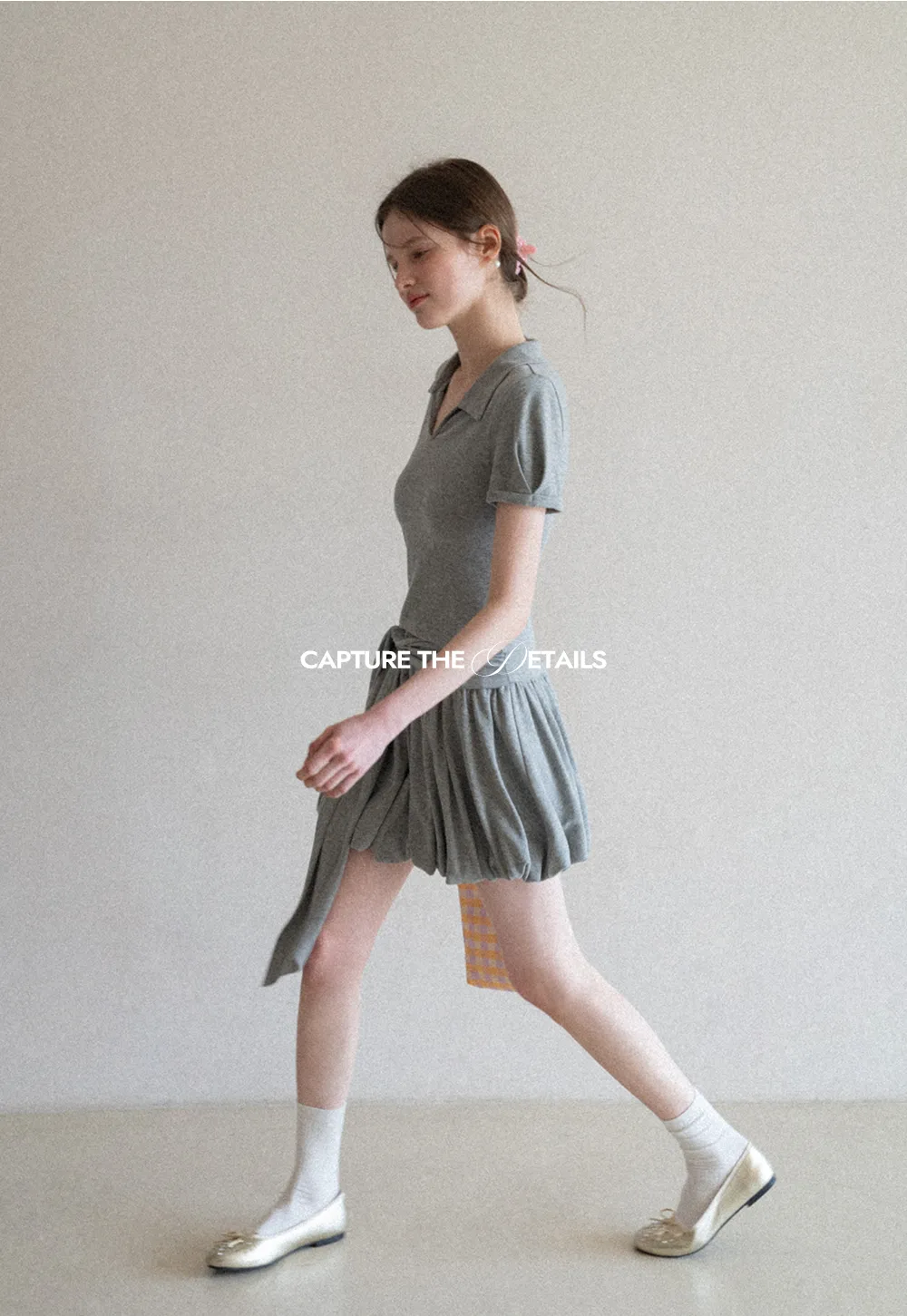 Polo collar short sleeve top with pleated skirt