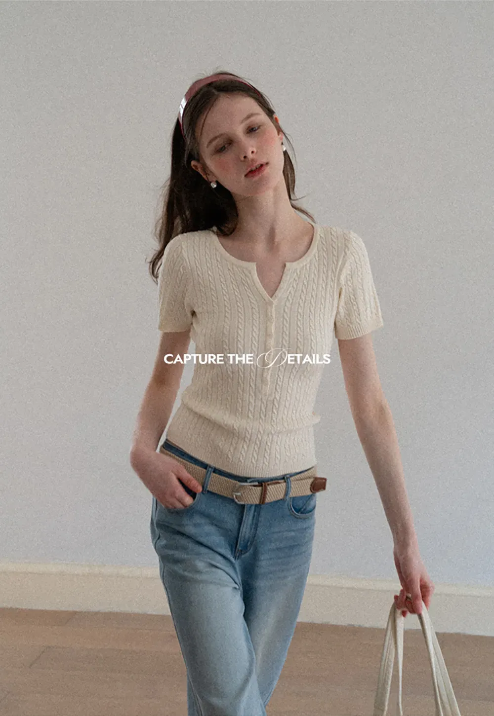 Cable Knit Short Sleeve V Neck Sweater