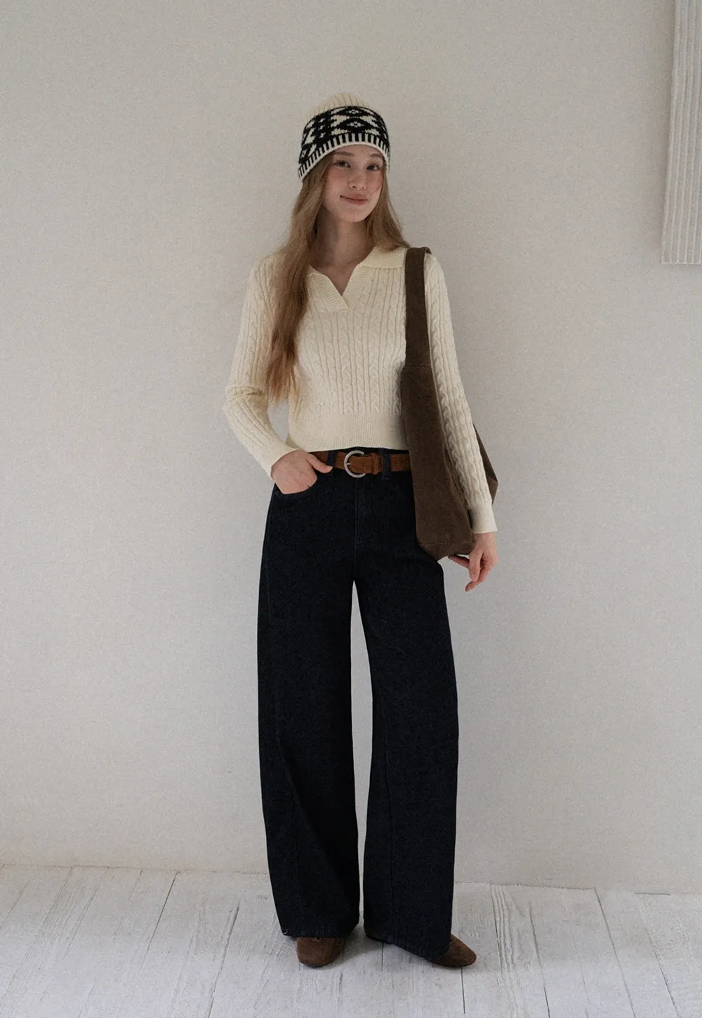 Women Cable Knit Polo Sweater Long Sleeve Slim Fit Pullover