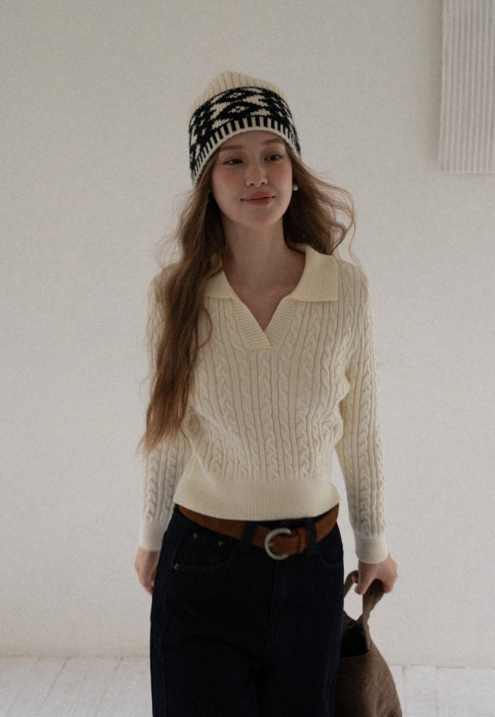 Women Cable Knit Polo Sweater Long Sleeve Slim Fit Pullover
