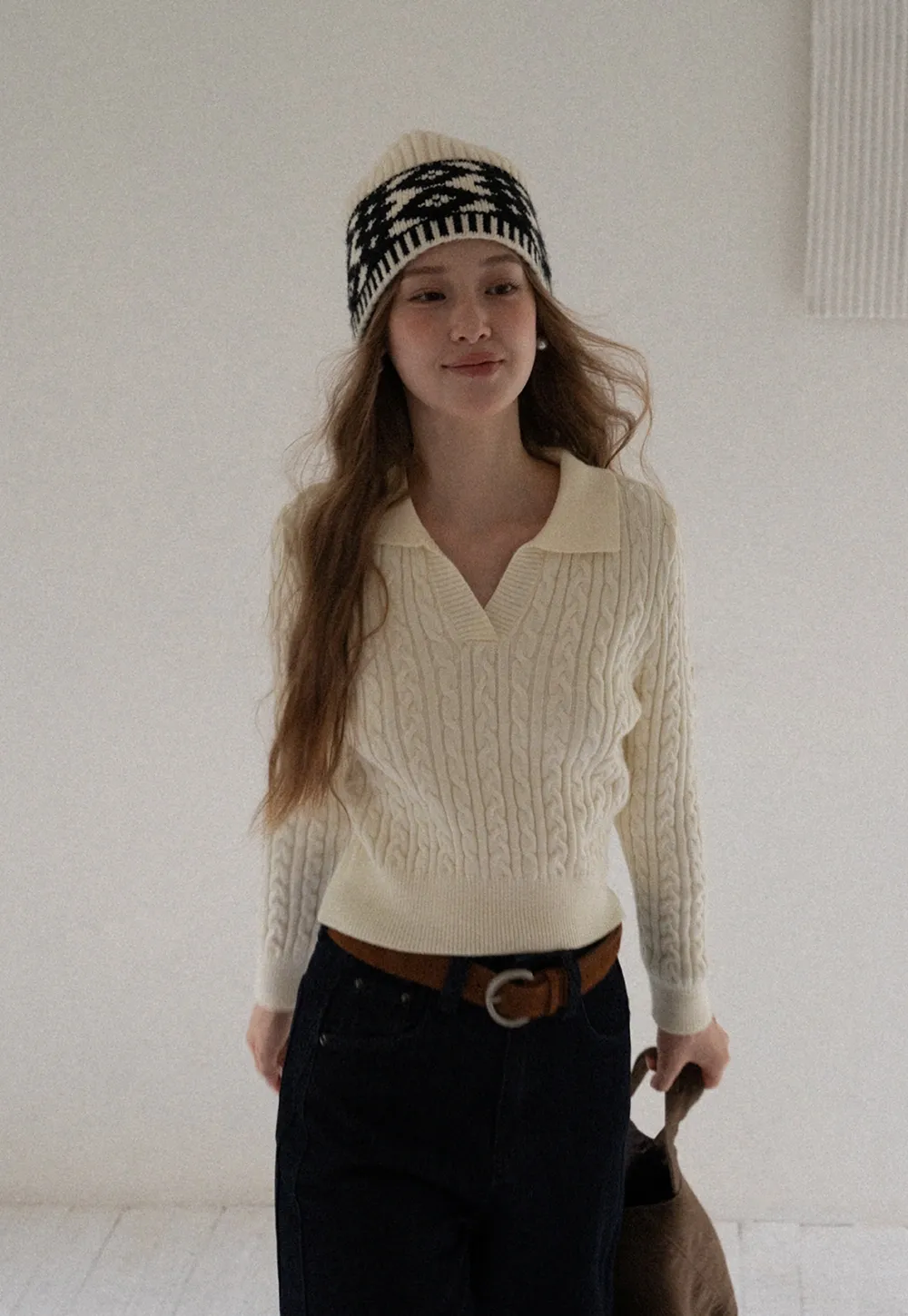 Women Cable Knit Polo Sweater Long Sleeve Slim Fit Pullover
