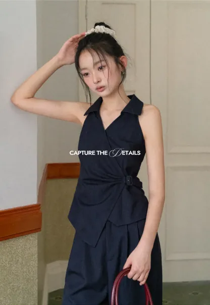 Sleeveless Collared Top with Wrap Detail and Wide Leg Pants