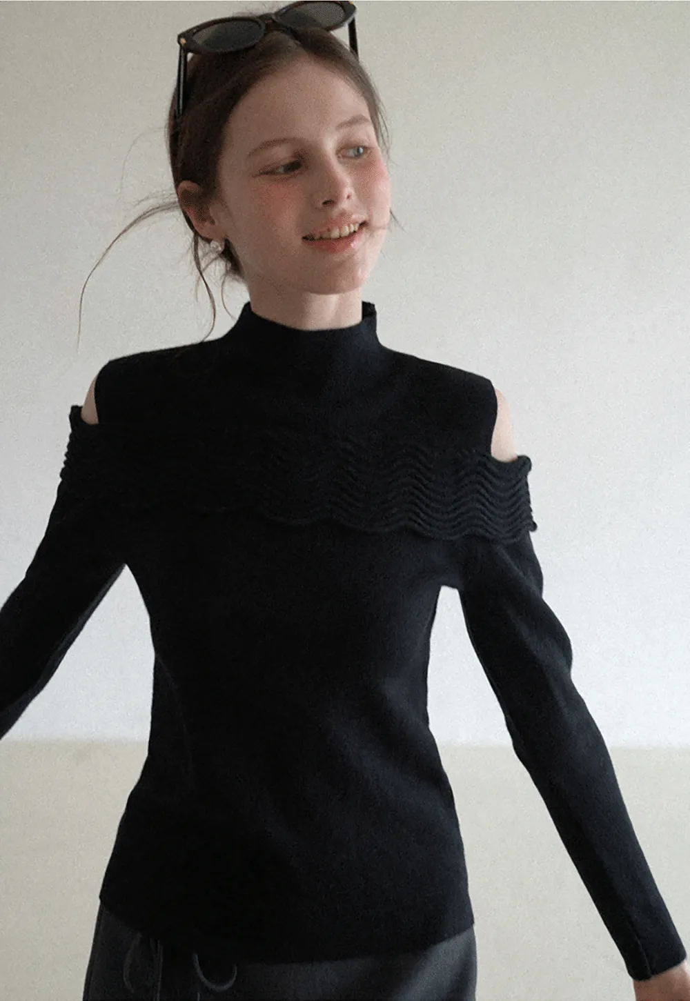 Elegant Off Shoulder Knit Sweater with Wave Detail