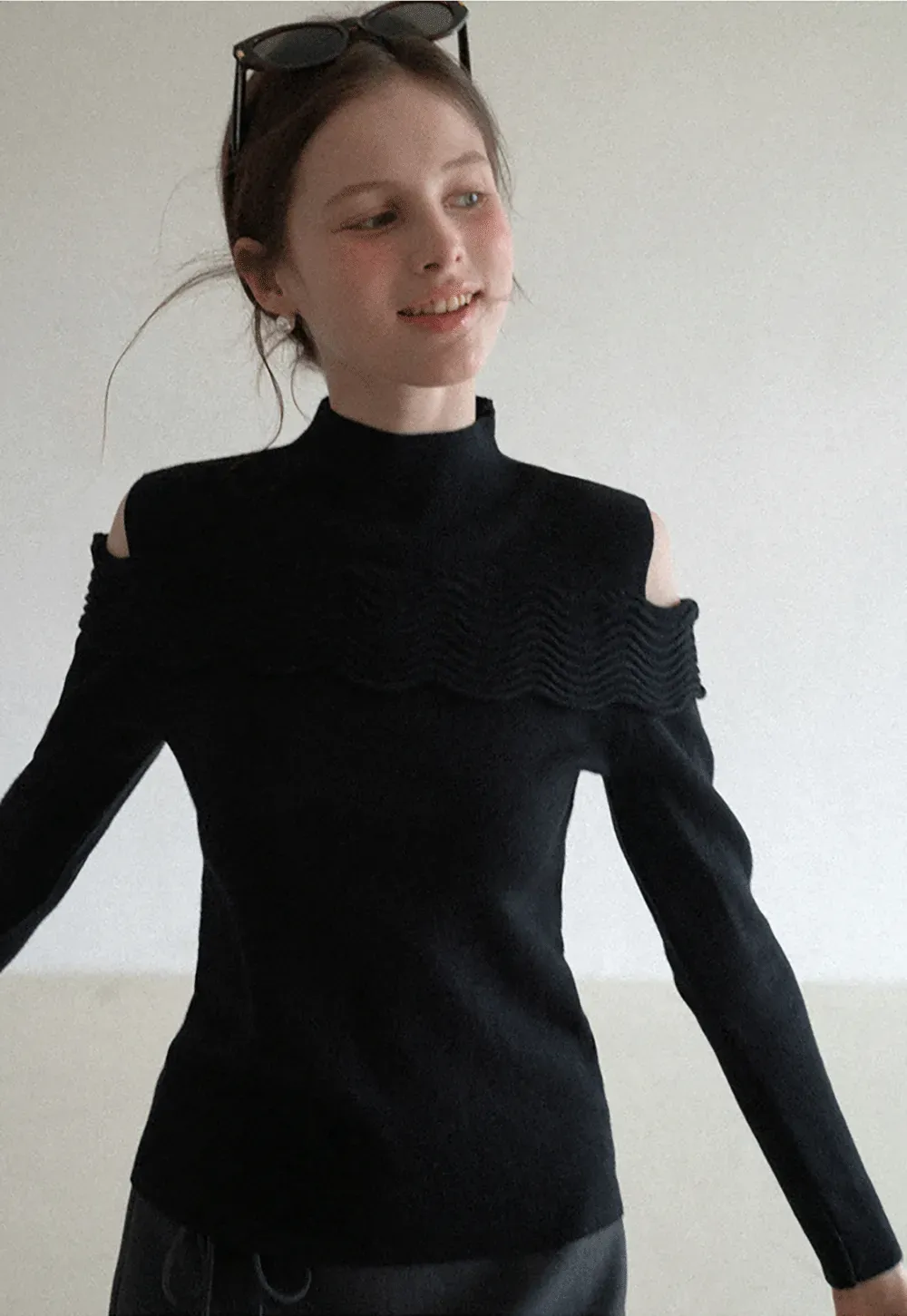 Elegant Off Shoulder Knit Sweater with Wave Detail