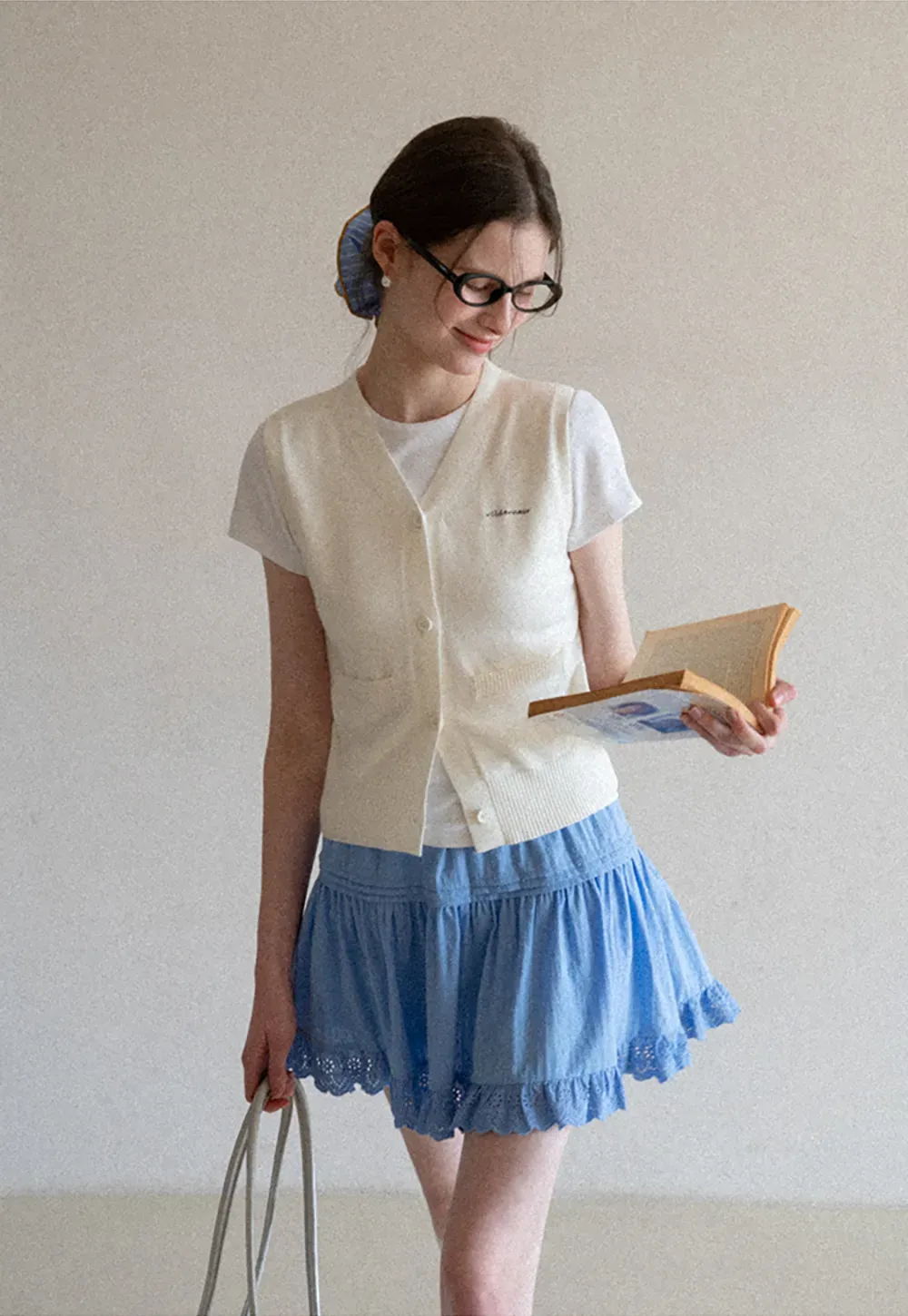 Knitted Vest with Button Closure and Embroidery