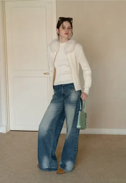 Wide leg high waist denim jeans with faded wash design